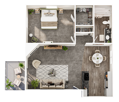 Floor plan for 1 bed, 1 bath, 700 sqft